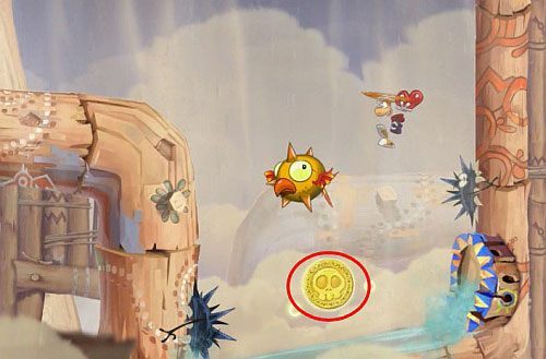 Wyżej po zniszczeniu mostu, uważaj na ruszające się kolczaste macki i zbieraj L - Podstępne wiatry (300 L, 2:35) | Ględzoce Groty | Rayman Origins - Rayman Origins - poradnik do gry