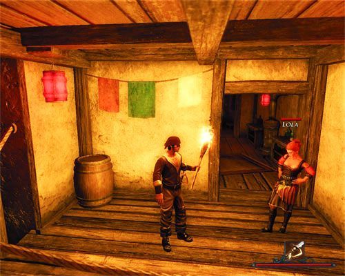 Lolę znajdziesz na pierwszym piętrze. Prezentuje swoje wdzięki na balkonie. - Rozprosz Alistera | Zadania - Tacarigua | Risen 2 Mroczne Wody - Risen 2: Mroczne wody - poradnik do gry