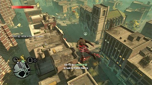 Kolejny cel misji to wejście do kościoła w lokacji [281, 1196] i warto skorzystać z opcji szybowania poprzez przytrzymywanie w locie prawego triggera - 3 - The Strong Survive | Główny wątek fabularny Prototype 2 - Prototype 2 - poradnik do gry