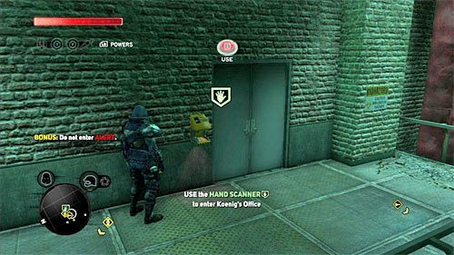 Skaner dłoni znajduje się w lokacji [355, 1486], a konkretnie na górnym balkoniku, na którym po raz pierwszy zauważyłeś zlikwidowanego niedawno wartownika - 10 - The Mad Scientist | Główny wątek fabularny Prototype 2 - Prototype 2 - poradnik do gry