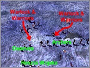 Na początku zaznacz całe biegnące wojsko i szybko je cofnij, postaw łuczników i krasnali w linii, gdyż zaatakuje cię wróg - z jednej strony 4 wojowników i 1 mag, z drugiej - 6 wojowników i także jeden mag - Misja 25 - The Traitor - Myth III: Era Wilka - poradnik do gry