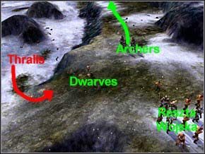 Zabij Thralli jakich widzisz, postaw krasnali tak, aby patrzyli na dół, resztę z tyłu, a łucznikami idź na północ - do Moagima - Misja 24 - Vengeance - Myth III: Era Wilka - poradnik do gry