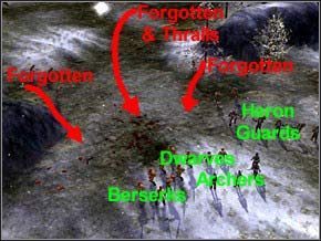 Lecz jeszcze nie pora na jego śmierć - ustaw łuczników i krasnali w linii, zbrojnych na flankach, a do Moagima biegnij Damasem - jak tylko zacznie się śmiać, uciekaj do swoich - Misja 24 - Vengeance - Myth III: Era Wilka - poradnik do gry