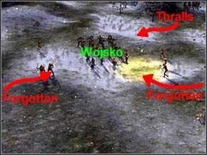 Pierwsza pułapka - z lewej i z tyłu wybiegnie kilku zapomnianych (niech bohaterowie i zbrojni zajmą się nimi), a z prawej wyjdzie 15 Thralli - te zostaną zabite przez krasnali i łuczników - Misja 24 - Vengeance - Myth III: Era Wilka - poradnik do gry