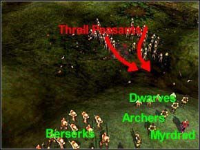 Postaw krasnali i łuczników w sposób pokazany na obrazku, zejdź na dół jakimś Berserkiem i zwab armię Thrall Peasantów (niech zbiją się w ciasną gromadę) - Misja 22 - Dream Duel - Myth III: Era Wilka - poradnik do gry