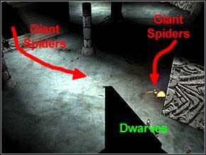 Stań krasnalami w linii, resztą wejdź do korytarza - kolejne dwie grupy pająków się pojawią, lecz krasnoludy bez problemu je zniszczą - jeśli nie, to pomogą miotacze ognia - Misja 18 - The Spider God - Myth III: Era Wilka - poradnik do gry
