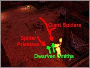 W pokoju na najkrótszej drodze do kotła stoi kolejna zapora - dwie czwórki pająków i kapłanka - Misja 17 - The Smiths Forge - Myth III: Era Wilka - poradnik do gry