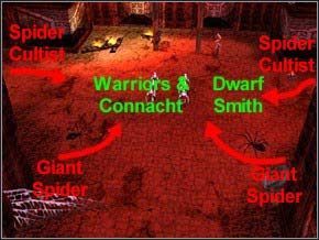 Z lewej i prawej wybiegnie para kultystów, z tyłu wyjdą dwie pary pająków - rozdziel wojsko, atakuj grupy wrogów po kolei, zminimalizujesz w ten sposób straty zdrowia - Misja 17 - The Smiths Forge - Myth III: Era Wilka - poradnik do gry