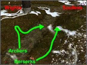 Łucznikami zabij Wighty po lewej, natomiast Berserkami rzuć się na Soullessy po prawej, obok mostu - te, które uciekły na dół, dobij łucznikami - Misja 16 - Refugees - Myth III: Era Wilka - poradnik do gry