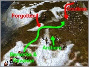 Trochę dalej na północy będzie po prawej kolejna trójka Soullessów, a po lewej - 4 zapomnianych - Misja 16 - Refugees - Myth III: Era Wilka - poradnik do gry