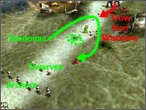 Gdy zabijesz Soullessy i Thralle, rozstaw na drodze pole minowe w sposób pokazany na rysunku, ustaw też w odpowiedni sposób wojsko, a tylko Sardonacem idź dalej - Misja 13 - Rod Of The Callieach - Myth III: Era Wilka - poradnik do gry