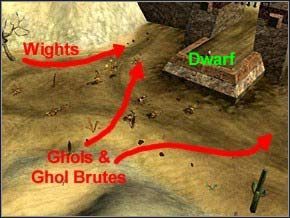 Pierwszy atak będzie następujący: 6 Gholi plus jeden większy na północny posterunek, drugie tyle na południowy - Misja 9 - The Gates Of Myrgard - Myth III: Era Wilka - poradnik do gry