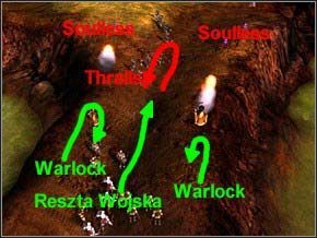 Wyjścia broni 3 Soullessów po jednej i 4 po drugiej stronie, a także 8 Thralli, które goniłeś, a które po chwili zawrócą - Misja 5 - Flight From The Dark - Myth III: Era Wilka - poradnik do gry