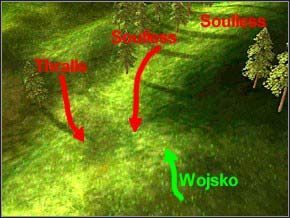 Na wzgórzu stoi trzech Soullessów (upewnij się, że masz pełną manę) - rozwal ich kulą ognia, potem z lewej wyjdzie jedenastu Thralli - Misja 4 - The Pack-Mage - Myth III: Era Wilka - poradnik do gry