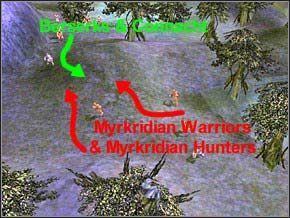 Pierwsza walka nie będzie trudna - wykorzystaj zamieszanie w szykach wrogiego patrolu (2 Myrkridian Warriors, 3 Myrkridian Hunters) i zabij bestie po kolei - Misja 2 - The Nest - Myth III: Era Wilka - poradnik do gry