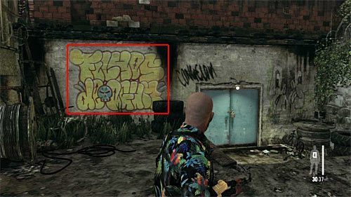 SEKRET 5 [Ślad 4/9 - Znak gangu]: Sekret odnajdziesz na ścianie, na lewo od zamkniętych niebieskich drzwi - Ślady i złote bronie - Rozdział VII | Sekrety w Max Payne 3 - Max Payne 3 - poradnik do gry