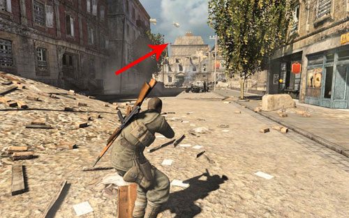 Odczekaj chwile, aż jeden z żołnierzy wejdzie do jednego z budynków - Misja 1 - Konwój Schoneberga (1) | Opis przejścia Sniper Elite V2 - Sniper Elite V2 - poradnik do gry