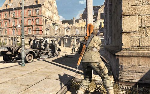 Trzeciego Niemca zabijesz bezproblemowo podchodząc pod narożnik ruin - Misja 1 - Konwój Schoneberga (1) | Opis przejścia Sniper Elite V2 - Sniper Elite V2 - poradnik do gry