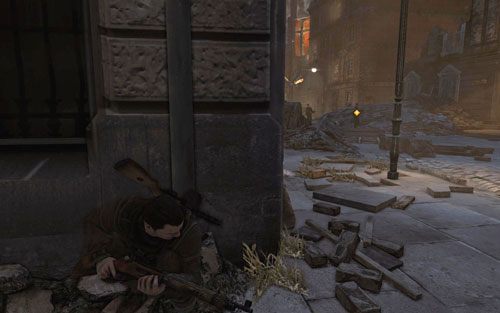 Ulicę powinno patrolować jeszcze dwóch wrogów - Misja 5 - Kościół św. Olibartusa (1) | Opis przejścia Sniper Elite V2 - Sniper Elite V2 - poradnik do gry