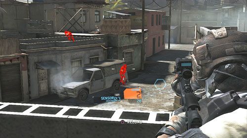 Na szybko rzucamy sensor i eliminujemy grupę wrogów atakującą nas głównie z budynków po lewej - Misja 1 Nimble Guardian | Wyzwania w Ghost Recon - Future Soldier - Tom Clancys Ghost Recon: Future Soldier - poradnik do gry