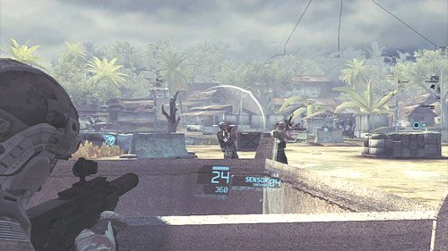 Po udanej eliminacji tyłów ściągamy synchronicznym strzałem dwóch najemników oglądających razem mecz - Misja 3 Noble Tempest (1) | Wyzwania w Ghost Recon - Future Soldier - Tom Clancys Ghost Recon: Future Soldier - poradnik do gry
