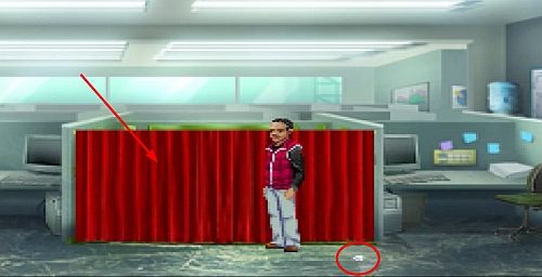 W środku kliknij na Red curtain (strzałka) - National Credit Systems - Ray | Opis przejścia Resonance - Resonance - poradnik do gry