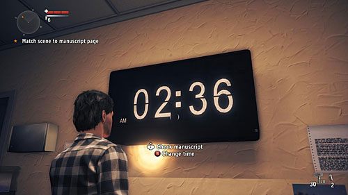 Wewnątrz przeczytaj stronę manuskryptu i ustaw zegar tak, aby wskazywał godzinę 02:36 nad ranem - Akt 1 - The Curator | Akt 1 | Alan Wakes American Nightmare - Alan Wakes American Nightmare - poradnik do gry