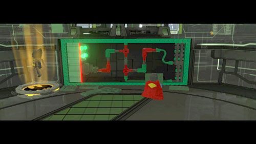 Po walce podejdź do zielonej ściany Supermanem i ustaw połącz w jedną całość obwód (obrazek) - Nowe technologie | Opis przejścia LEGO Batman 2 DC Super Heroes - LEGO Batman 2: DC Super Heroes - poradnik do gry