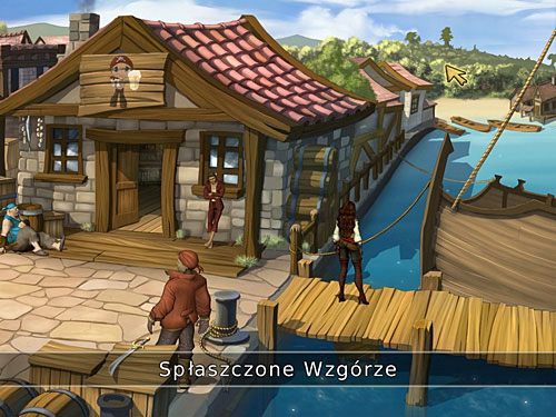 Przejdź na pomost po prawej i zwróć uwagę, że z doków jest świetny widok na Spłaszczone Wzgórze - Nowi członkowie załogi - Razzo - 2 - W roli kapitana - Kapitan Morgane i legenda Złotego Żółwia - poradnik do gry