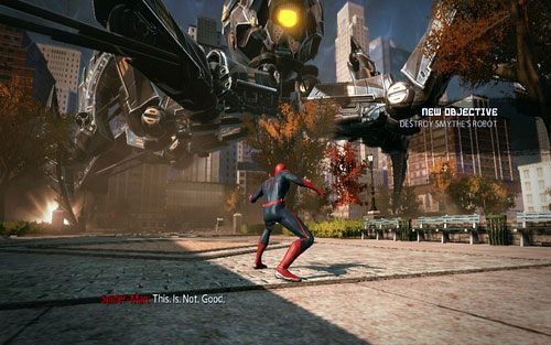 Gdy dotrzesz we wskazane miejsce, rozpocznie się walka z olbrzymim robotem - 01 - Oscorp Is Your Friend - Opis przejścia - Niesamowity Spider-Man - poradnik do gry