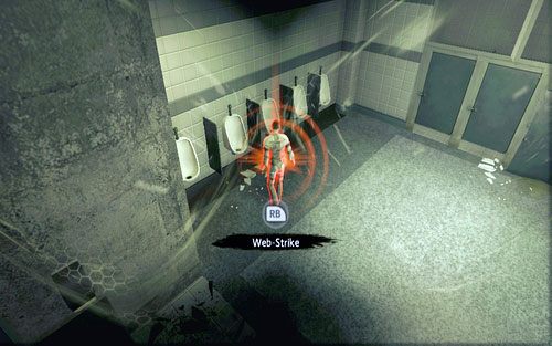 Dotrzesz w ten sposób do toalety, gdzie przy pisuarze będzie stał szalony mężczyzna - 02 - Escape Impossible - Opis przejścia - Niesamowity Spider-Man - poradnik do gry