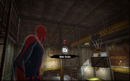 Po unieruchomieniu wroga skręć w prawo, a następnie przeczep się sufitu po lewej - 03 - In the Shadow of Evils Past - archiwa Oscorps - Opis przejścia - Niesamowity Spider-Man - poradnik do gry