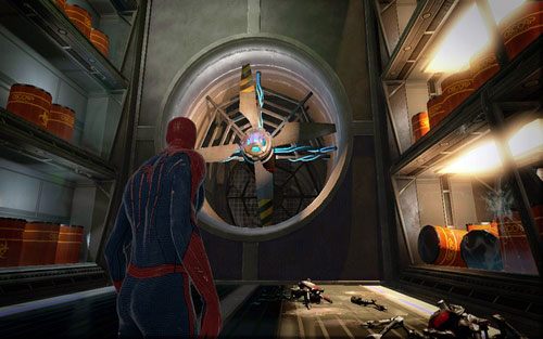Dalsza droga prowadzi za dwie duże turbiny - 06 - Smythe Strikes Back - komputery i roboty - Opis przejścia - Niesamowity Spider-Man - poradnik do gry