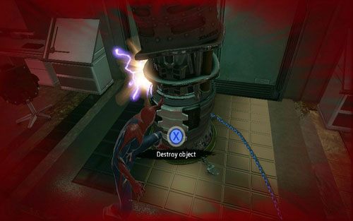 Gdy walka dobiegnie końca, zniszcz generator bariery stojący po lewej stronie i ruszaj dalej prosto - 06 - Smythe Strikes Back - komputery i roboty - Opis przejścia - Niesamowity Spider-Man - poradnik do gry