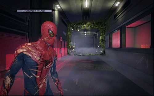 Po walce biegnij cały czas prosto, przeskakując przez dziurę w barykadzie - 06 - Smythe Strikes Back - lasery i promienie - Opis przejścia - Niesamowity Spider-Man - poradnik do gry