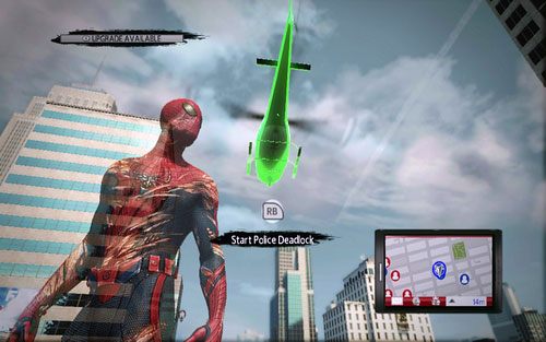 Żeby rozpocząć zadanie, użyj Web Rusha (RB) na policyjnym helikopterze - Lista zadań - Zadania poboczne - Niesamowity Spider-Man - poradnik do gry