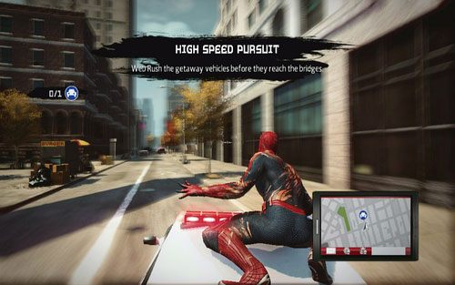 Gdy zobaczysz ścigany samochód, przeskocz na niego Web Rushem - Lista zadań - Zadania poboczne - Niesamowity Spider-Man - poradnik do gry