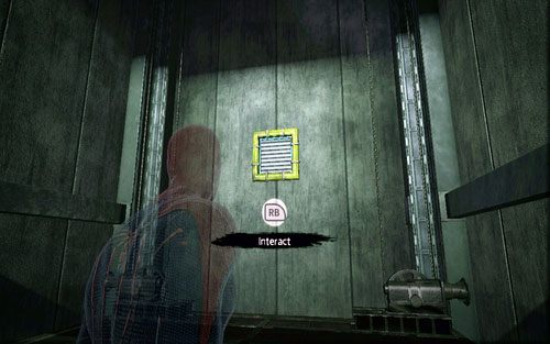 Po zjechaniu windą na dół, wejdź do wąskiego otworu za twoimi plecami, a następnie pozbądź się dwóch strażników na końcu tunelu - 03 - In the Shadow of Evils Past - Nagrania, Magazyny, Instrukcje - Znajdźki - Niesamowity Spider-Man - poradnik do gry