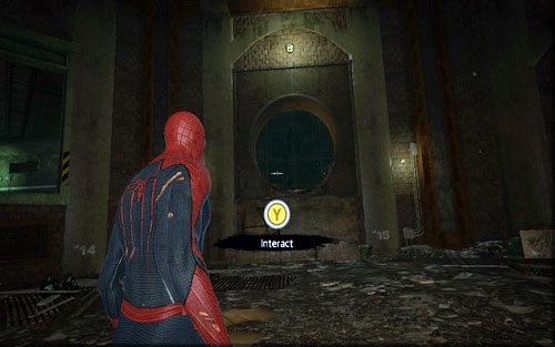 W dużym pomieszczeniu wybierz tunel z turbiną i zeskocz na sam dół - 04 - The Thrill of the Hunt - Znajdźki - Niesamowity Spider-Man - poradnik do gry