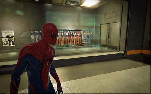 Po przejściu przez korytarz z wielką szybą, skręć ostro w prawo - 06 - Smythe Strikes Back - Części technologii, Zdjęcia - Znajdźki - Niesamowity Spider-Man - poradnik do gry