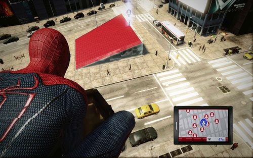 W zaznaczonym miejscu umieszczono dziwną monument ze szkła - Lista Strojów - Stroje Spider-Mana - Niesamowity Spider-Man - poradnik do gry
