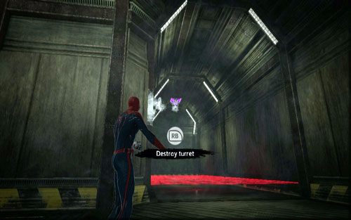 W korytarzu natkniesz się na wieżyczkę strażniczą - 03 - In the Shadow of Evils Past - tablet Connorsa - Opis przejścia - Niesamowity Spider-Man - poradnik do gry