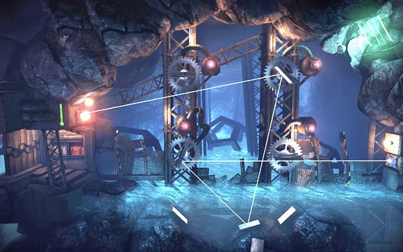 Kolejna łamigłówka [#6] polega na odpowiednim ustawieniu zwierciadeł w taki sposób, aby skierować wiązkę lasera na dodekaedrom znajdujący się przed bramą, który po naładowaniu się otworzy wrota - MAPA - TUNEL 1 | Rozrusznik | Unmechanical - Unmechanical - poradnik do gry