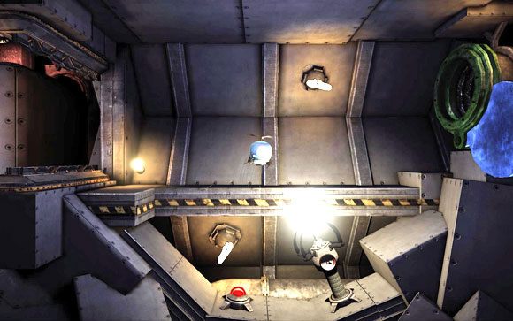 Jak otworzą się wrota przeleć dalej - użyj tłoku [#8] aby wyciągnąć z chwytaka świecącą kulę, po czym wleć wraz z nią do otwartego kanału - Rozrusznik - kontynuacja - MAPA - TUNEL 3 | Rozrusznik -kontynuacja - Unmechanical - poradnik do gry