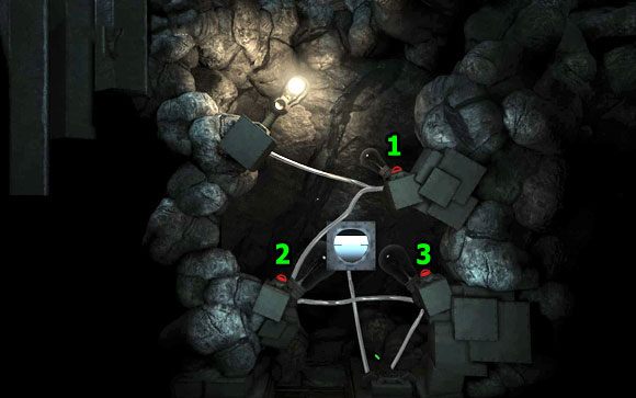 Wprowadź świecącą kulę do chwytaka, dzięki temu zasilisz trzy żarówki [#4] - Fabryka | Unmechanical - Unmechanical - poradnik do gry