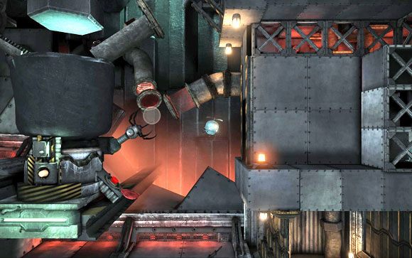 Dolecisz do ogromnego kotła [#12], do którego co jakiś czas wpadają różne przedziwne rzeczy, generując światło - Fabryka | Unmechanical - Unmechanical - poradnik do gry