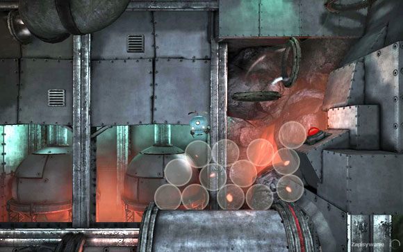 W kolejnym pomieszczeniu [#13] przy pomocy tłoku otwórz blokujący drogę w kanale właz, po czym wleć do niego i udaj się na dłuższą przeprawę wewnątrz tunelu dalej - Fabryka | Unmechanical - Unmechanical - poradnik do gry