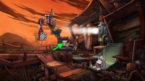 Użyj klucza nasadowego (Wrench) na skrzynce rozdzielczej (Maintenance Hatch) obok semafora - Deponia: Umieść Goal w wózku kopalnianym (Kopalnia złomu) - solucja - Deponia - poradnik do gry