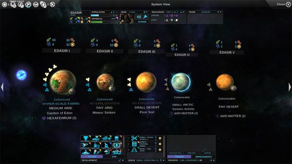 Tak wygląda może wyglądać okno naszego układu planetarnego. W tym przypadku mamy trzy skolonizowane planety - Okno podstawowe - Układ planetarny - Endless Space - poradnik do gry