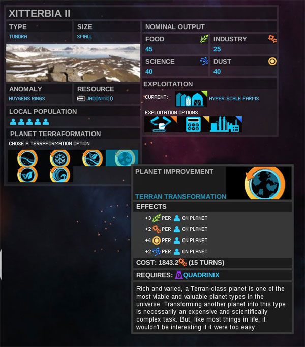 Tutaj TUNDRA stanie się planetą typu TERRAN - Transformacja - Okno Planety - Endless Space - poradnik do gry